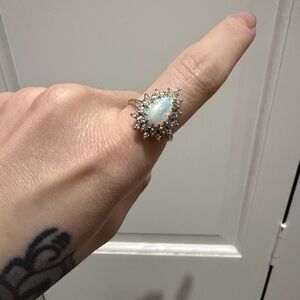 Vintage 14k White Gold Opal Teardrop Diamond Halo Ring